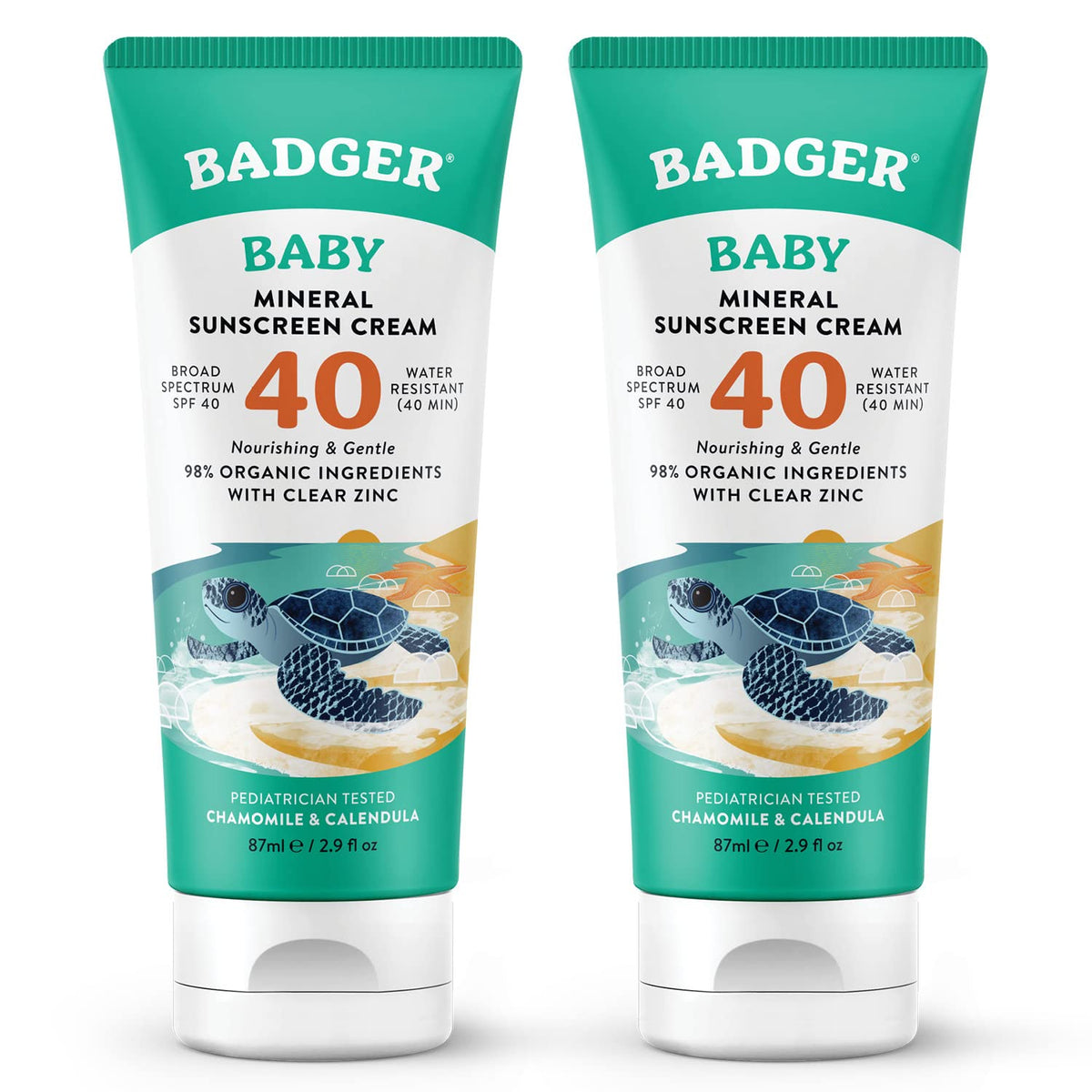 Badger Mineral Baby Sunscreen Cream SPF 40 tubes on table offering gentle protection