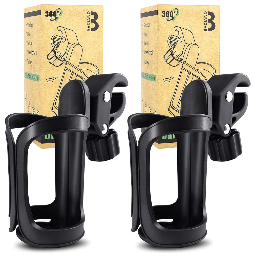 Badiano stroller drink holder attaches securely to a handle for on-the-go refreshment.