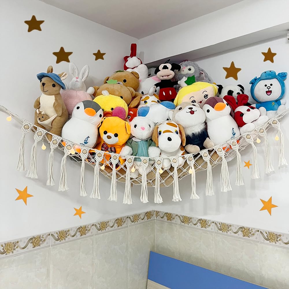 Badigo large stuffed animal net corner hammock neatly organizes plush toys