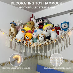 Badigo LED string lights create warm ambiance around plush storage