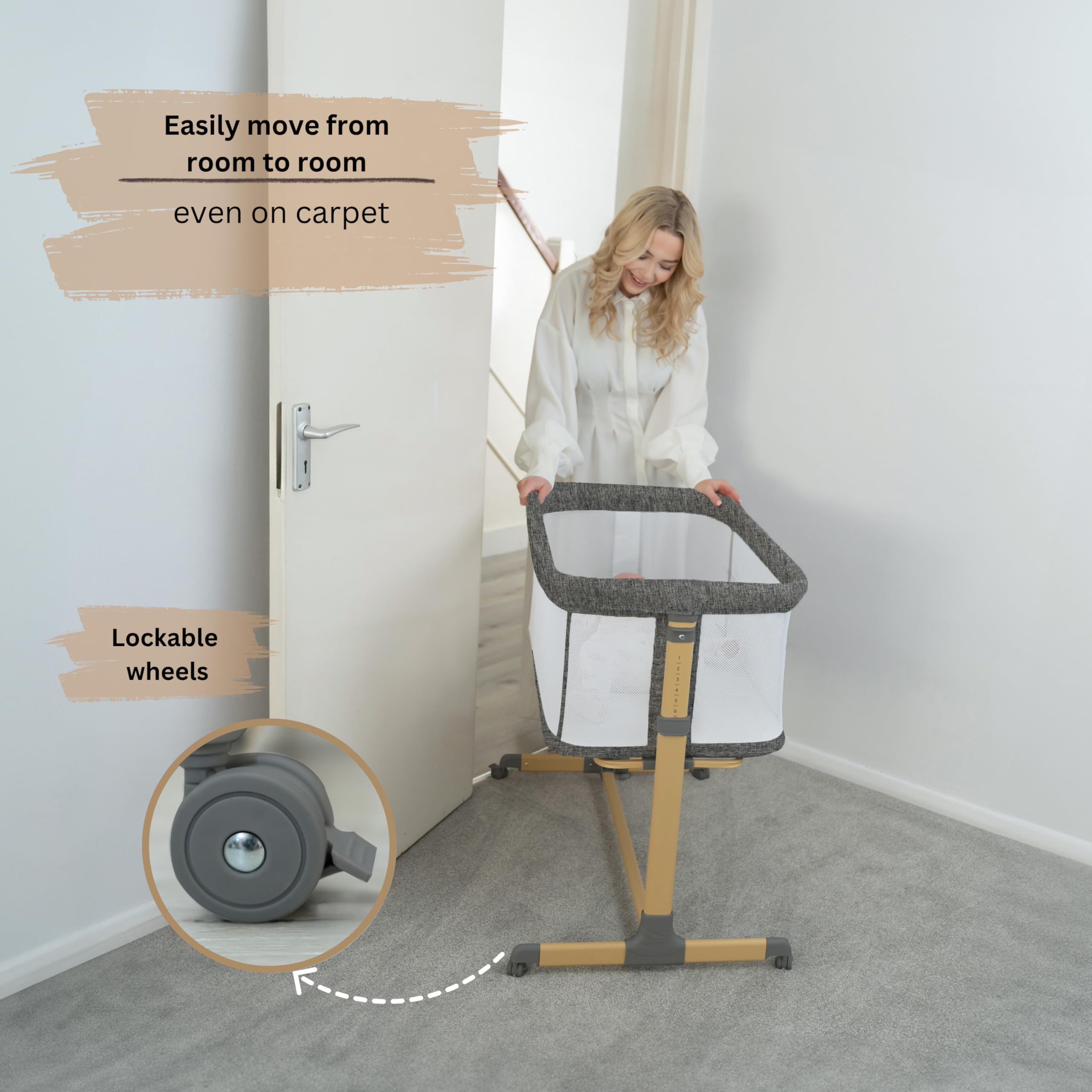 BaeBae Goods bassinet six adjustable heights fit beds securely.