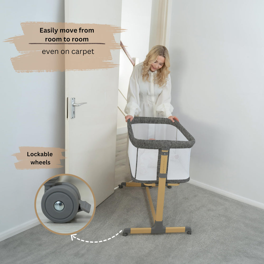 BaeBae Goods bassinet six adjustable heights fit beds securely.