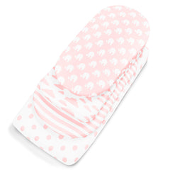 BaeBae Goods bassinet sheet with elastic hem snugly fits oval pads.