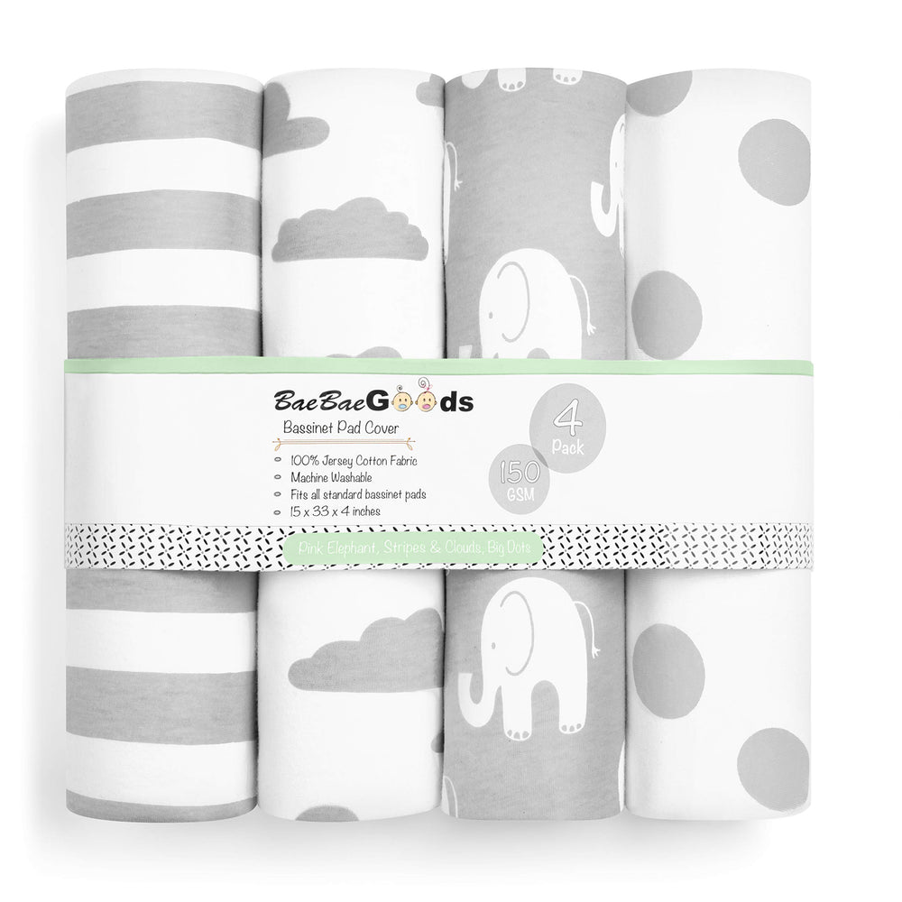 Baebae Goods bassinet sheets Elephants Collection front view shows bright print and soft jersey for cozy sleep