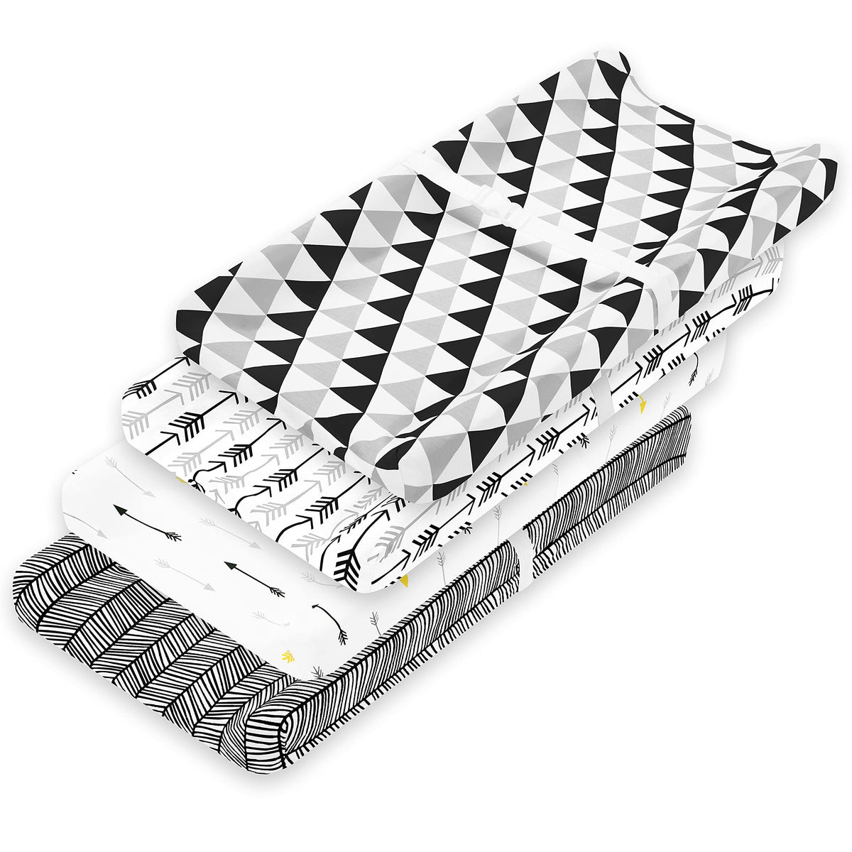 BaeBae Goods changing pad covers in black and white prints for easy nursery coordination.