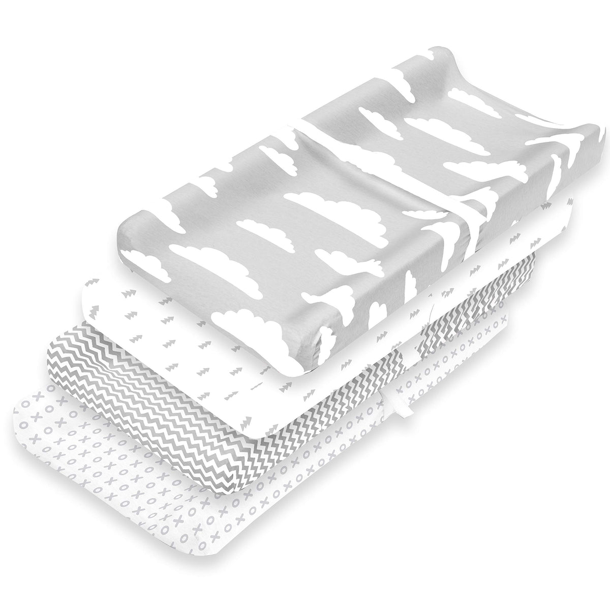 BaeBae Goods changing pad cover 4 pack grey white prints offering gentle, breathable comfort.