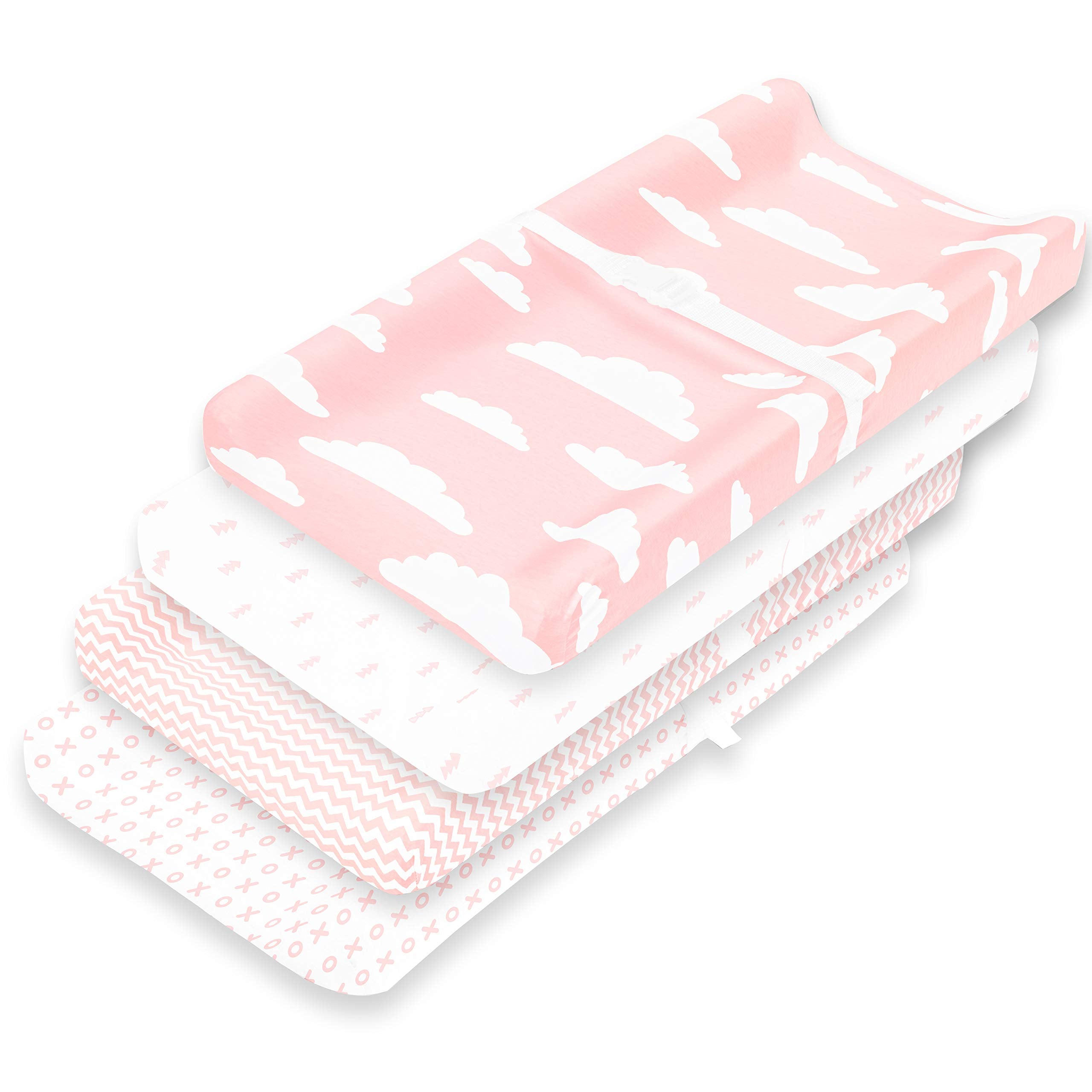 Baebae Goods changing pad cover pink white prints closeup for gentle baby comfort.