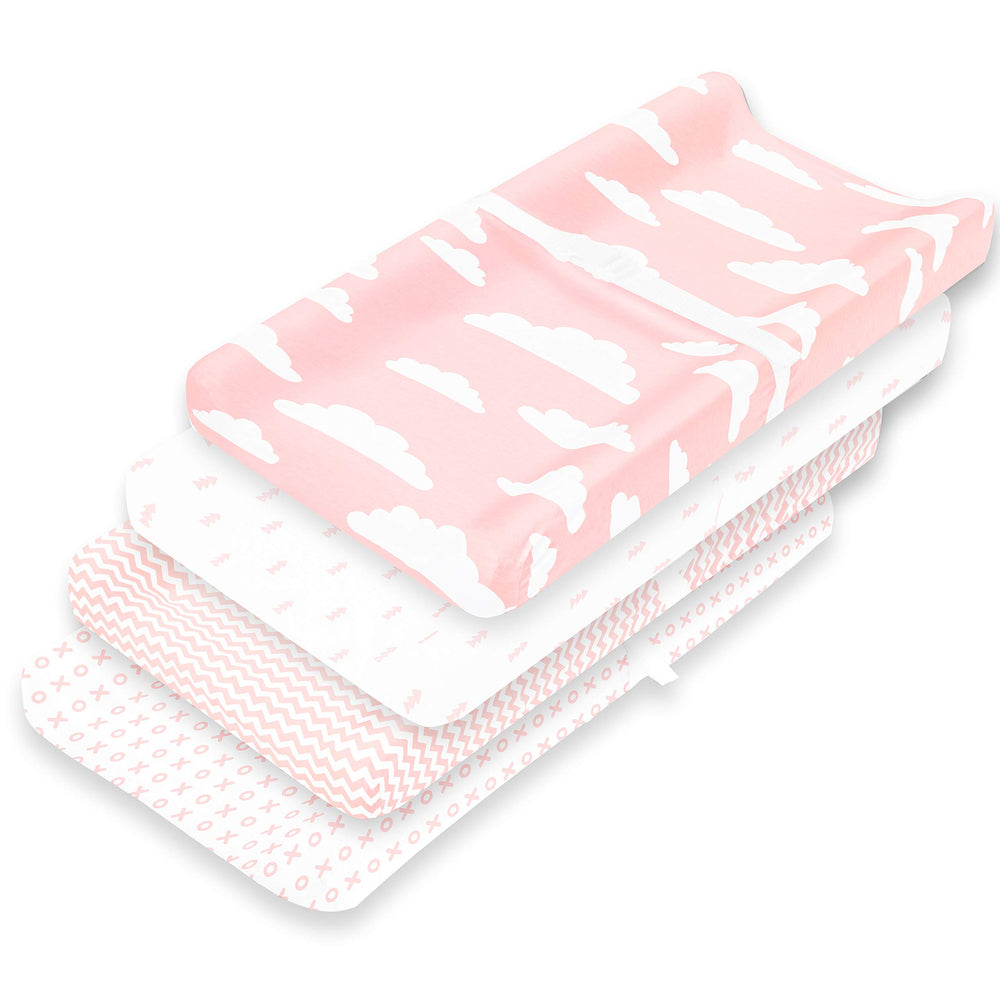 Baebae Goods changing pad cover pink white prints closeup for gentle baby comfort.