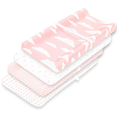Baebae Goods changing pad cover pink white prints closeup for gentle baby comfort.