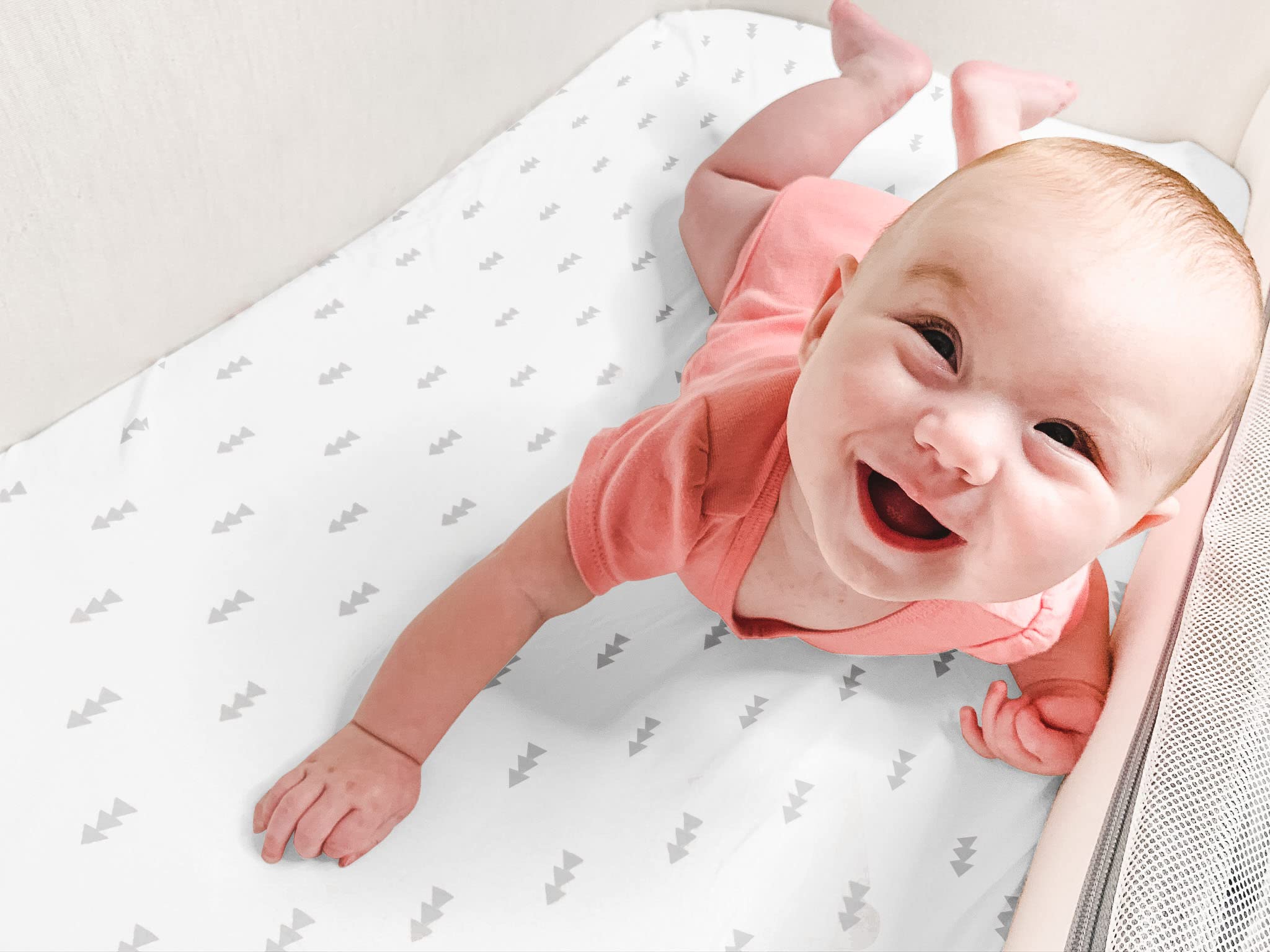 Baebae Goods Chevron pattern bassinet sheet closeup highlights modern nursery style.