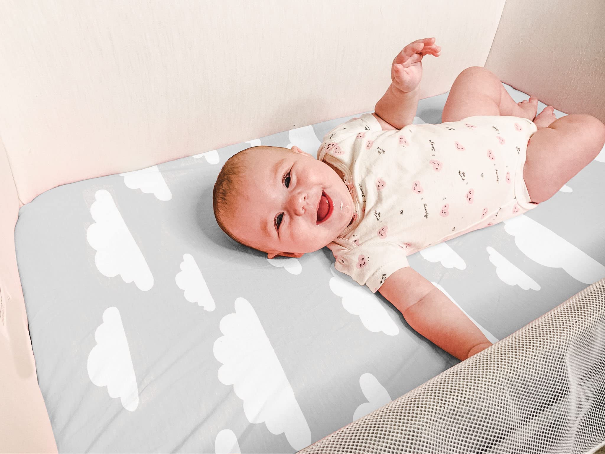 Baebae Goods Clouds Collection sheets closeup shows soft jersey knit for baby comfort.