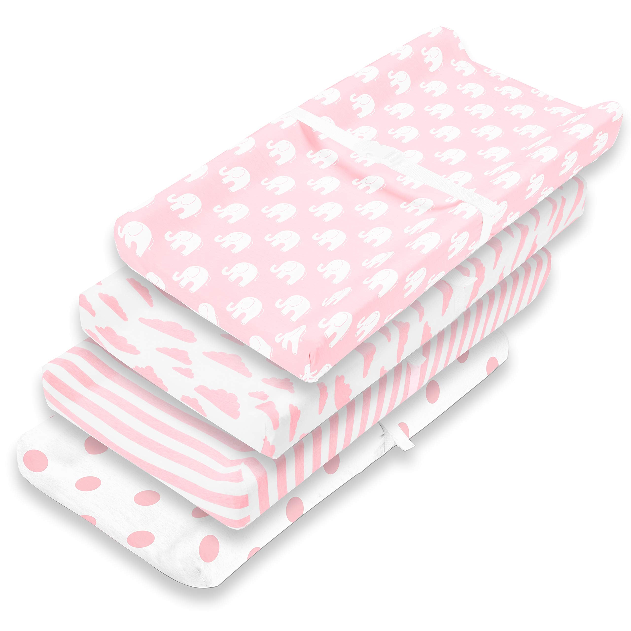 BaeBae Goods pink-white changing pad cover closeup showing secure elastic fit.