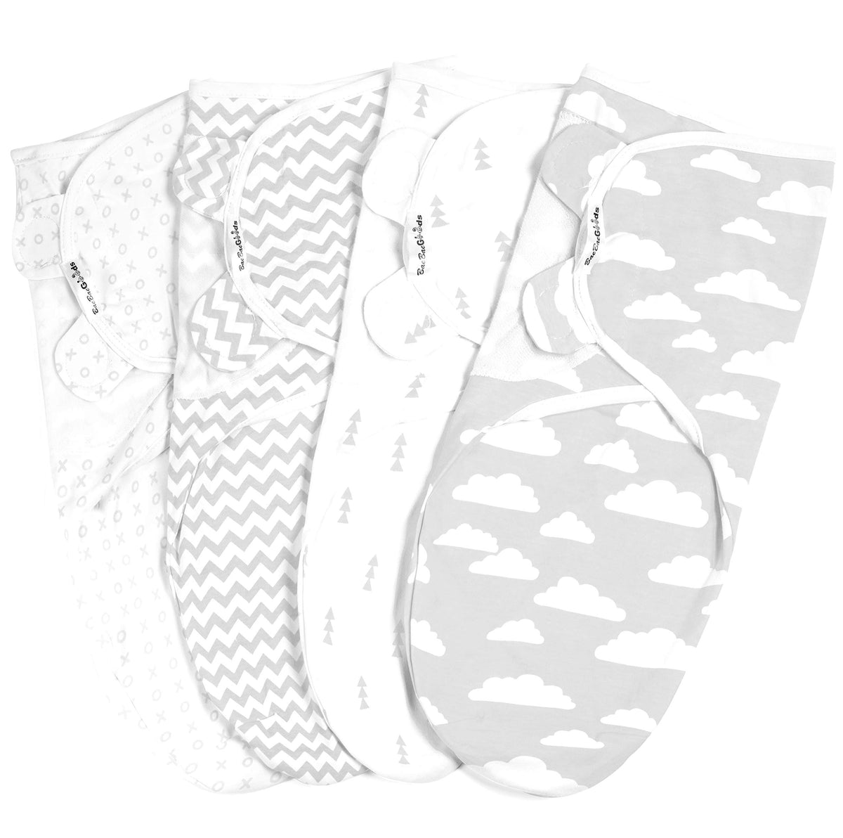 BaeBae Goods swaddle set four-pack—open view showing adjustable wraps for calmer sleep