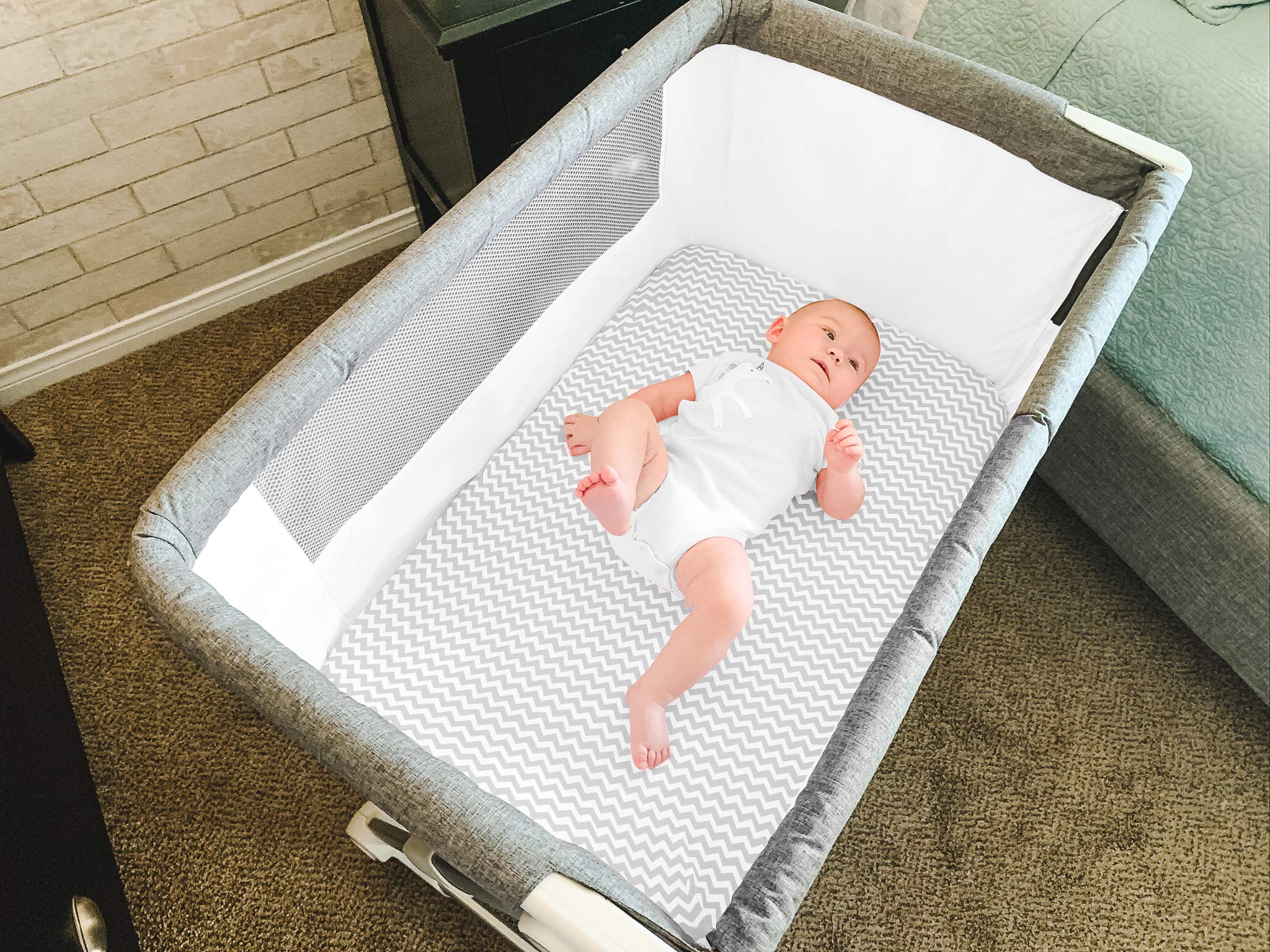 Baebae Goods triangles pattern bassinet sheet closeup for modern nursery.