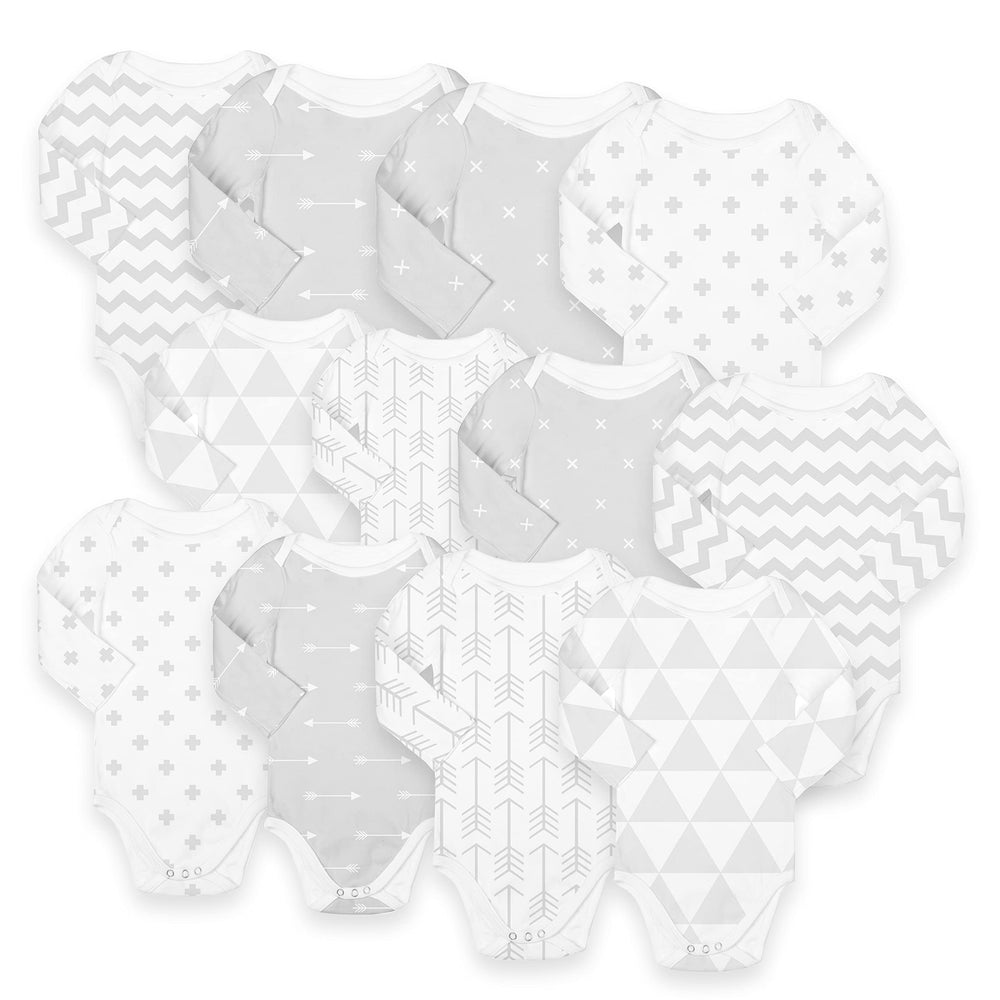 BaeBae Goods grey/white triangles long sleeve bodysuit front view shows soft ribbed cotton for daily wear.