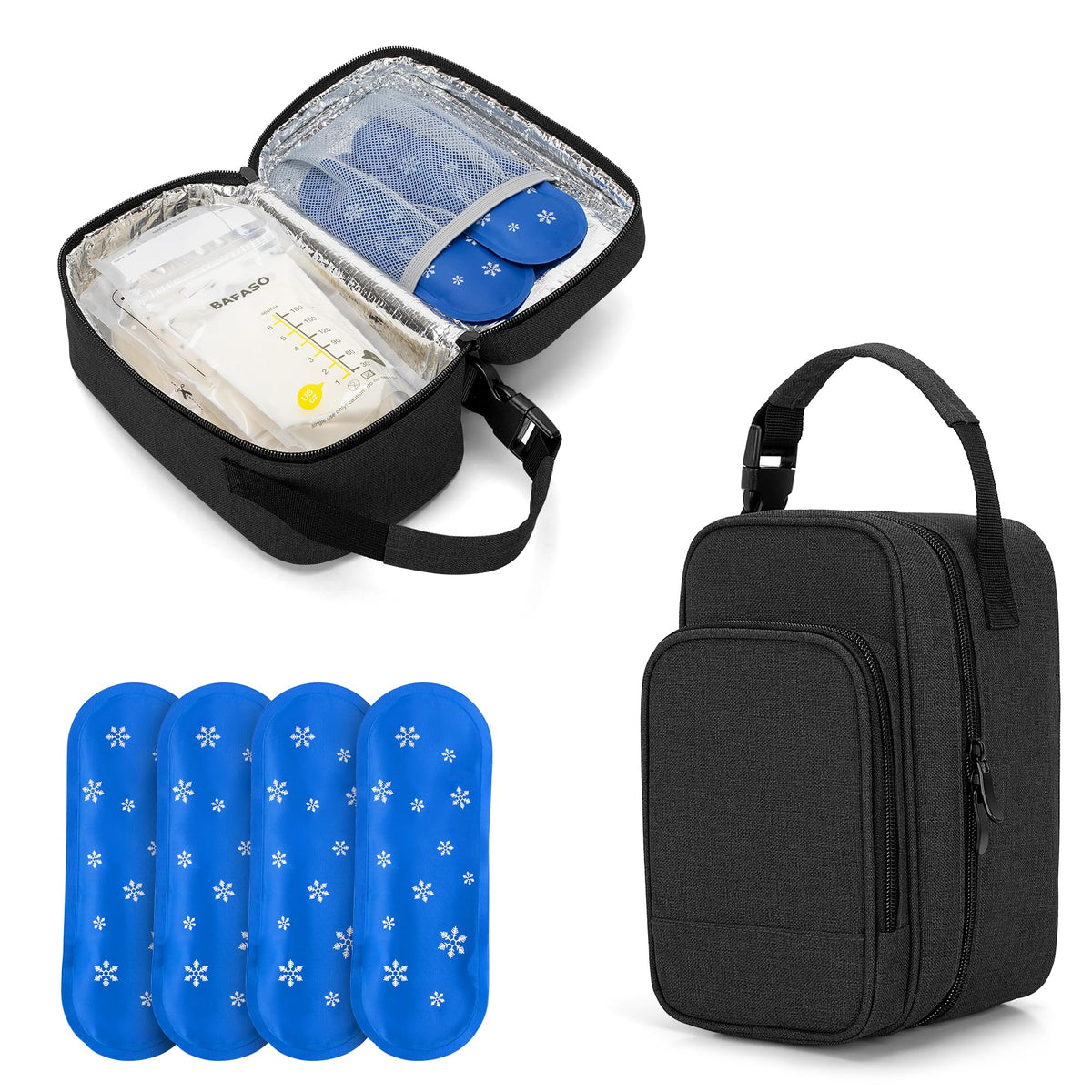 BAFASO insulated breastmilk cooler bag in black exterior for on-the-go cooling.