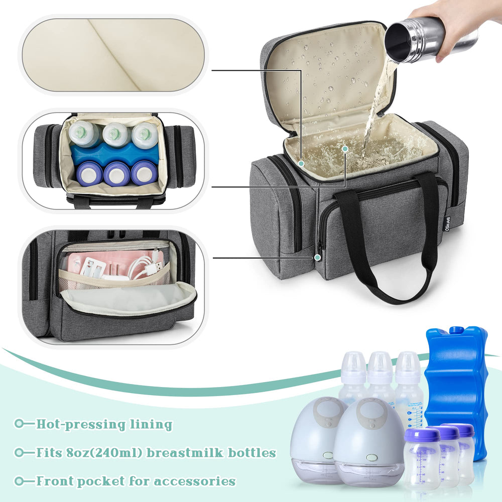 BAFASO insulated wearable breast pump bag gray back view with sturdy carry handles.