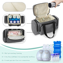 BAFASO insulated wearable breast pump bag gray back view with sturdy carry handles.