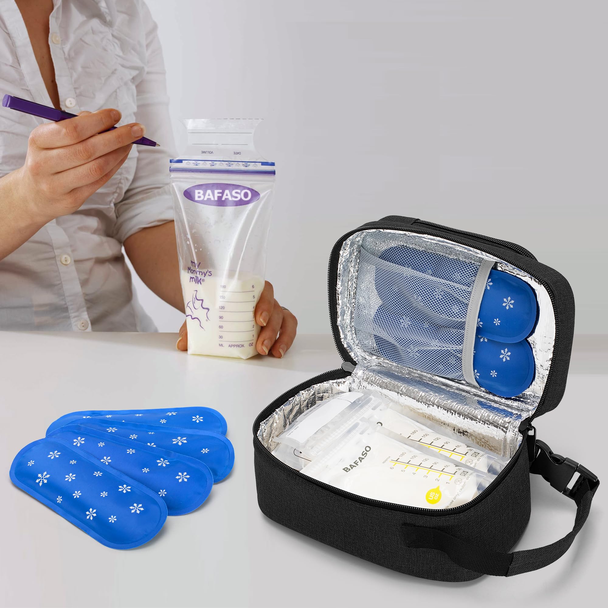 BAFASO wipeable aluminum lining helps keep breastmilk cool.