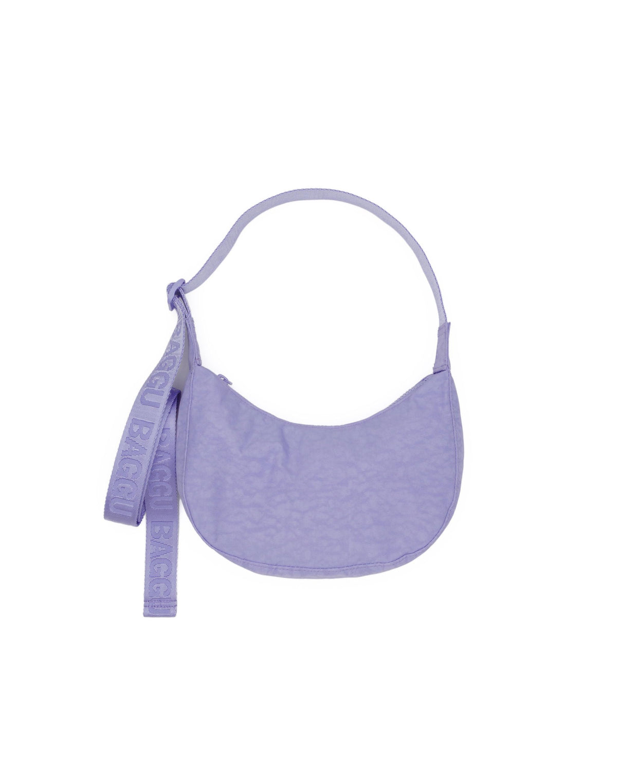 BAGGU Small Nylon Crescent Bag in Wisteria, front view showing compact daily essential bag.