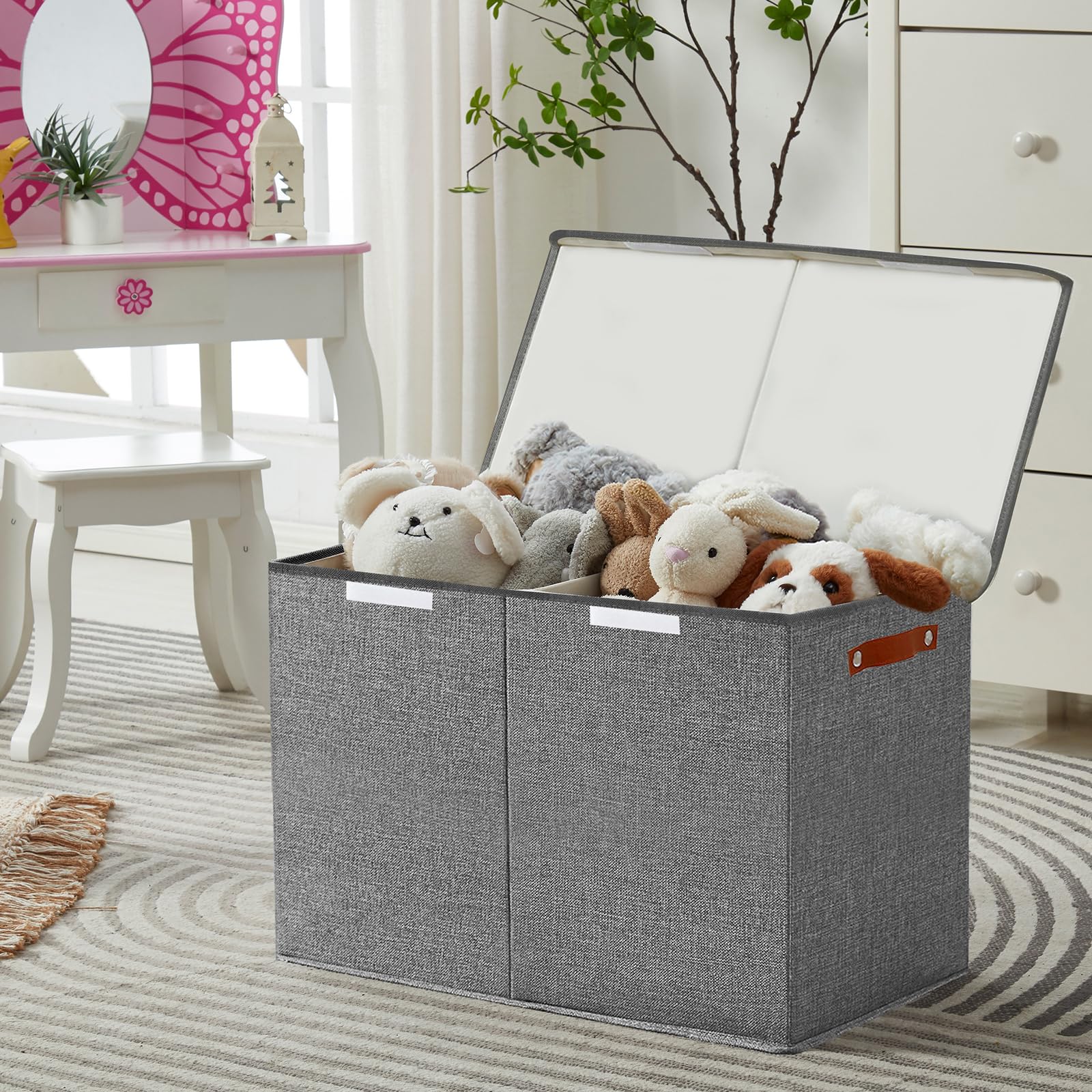 Bagnizer large toy box in playroom shows neutral gray matching decor.