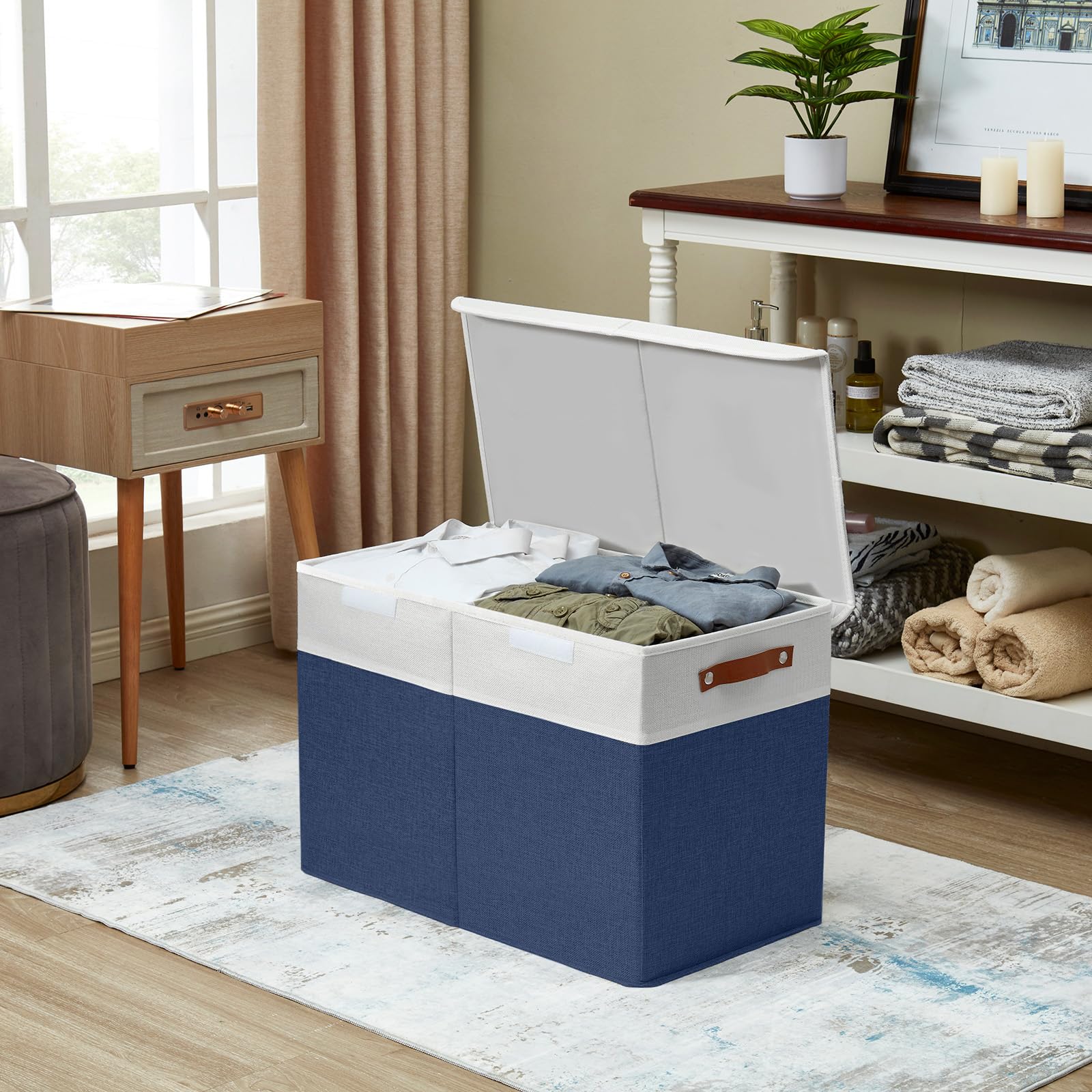 Bagnizer navy-blue and white design complements nursery decor while tidying clutter.