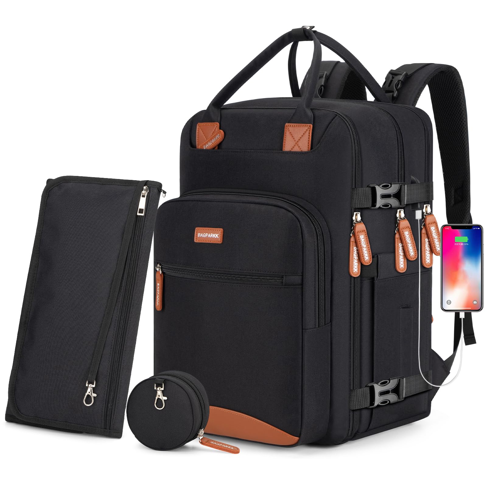 BAGPARKK diaper bag backpack opened showing roomy storage and quick-access pockets for on-the-go parents.