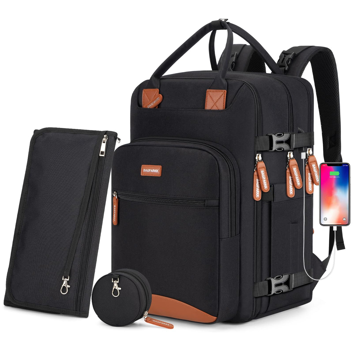 BAGPARKK diaper bag backpack opened showing roomy storage and quick-access pockets for on-the-go parents.