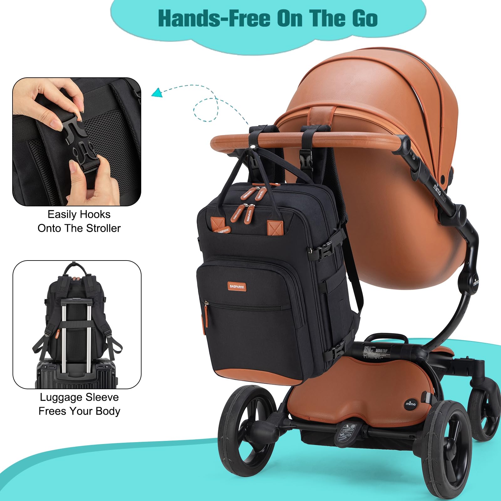 BAGPARKK diaper bag backpack USB port powers devices while traveling.
