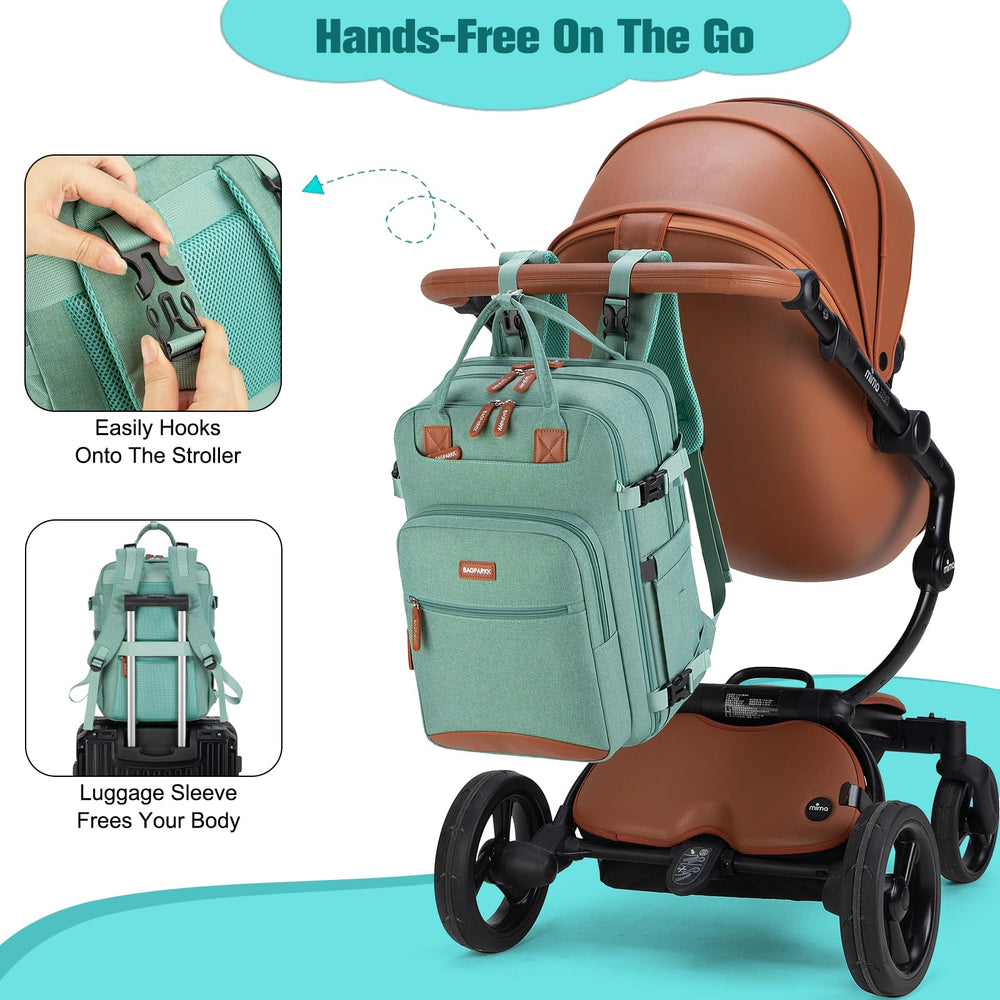 BAGPARKK diaper bag green back pocket view highlights anti theft security.