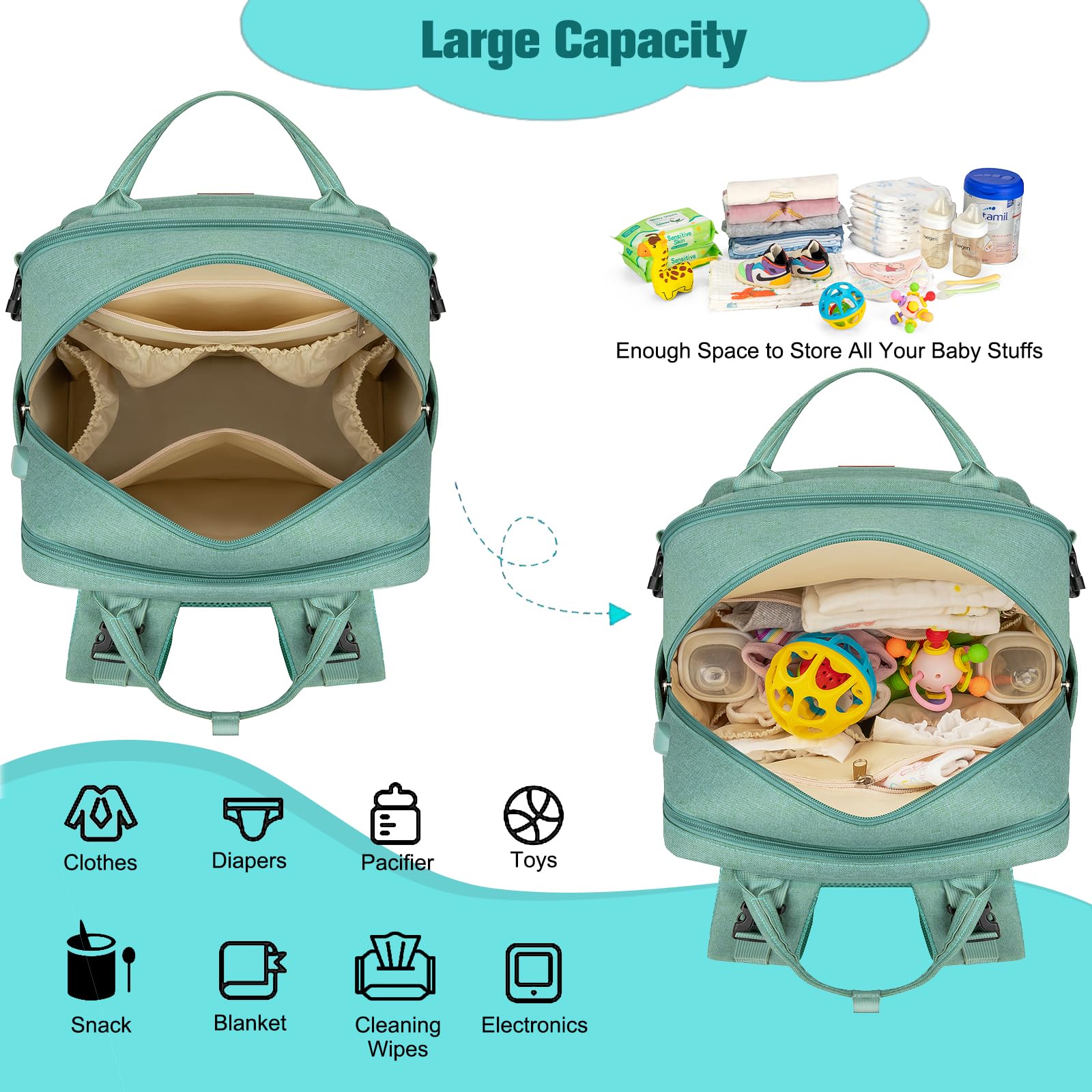BAGPARKK diaper bag green changing pad view shows portable changing mat ready for quick on site changes.