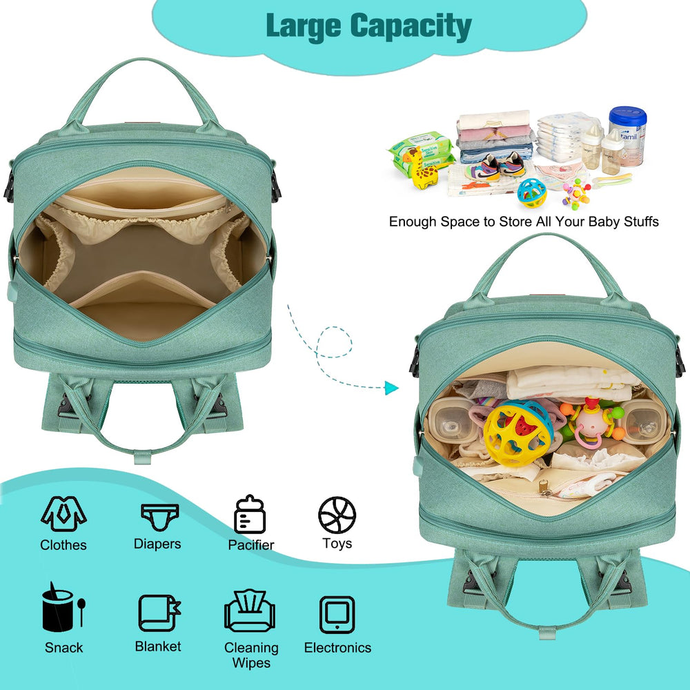 BAGPARKK diaper bag green changing pad view shows portable changing mat ready for quick on site changes.
