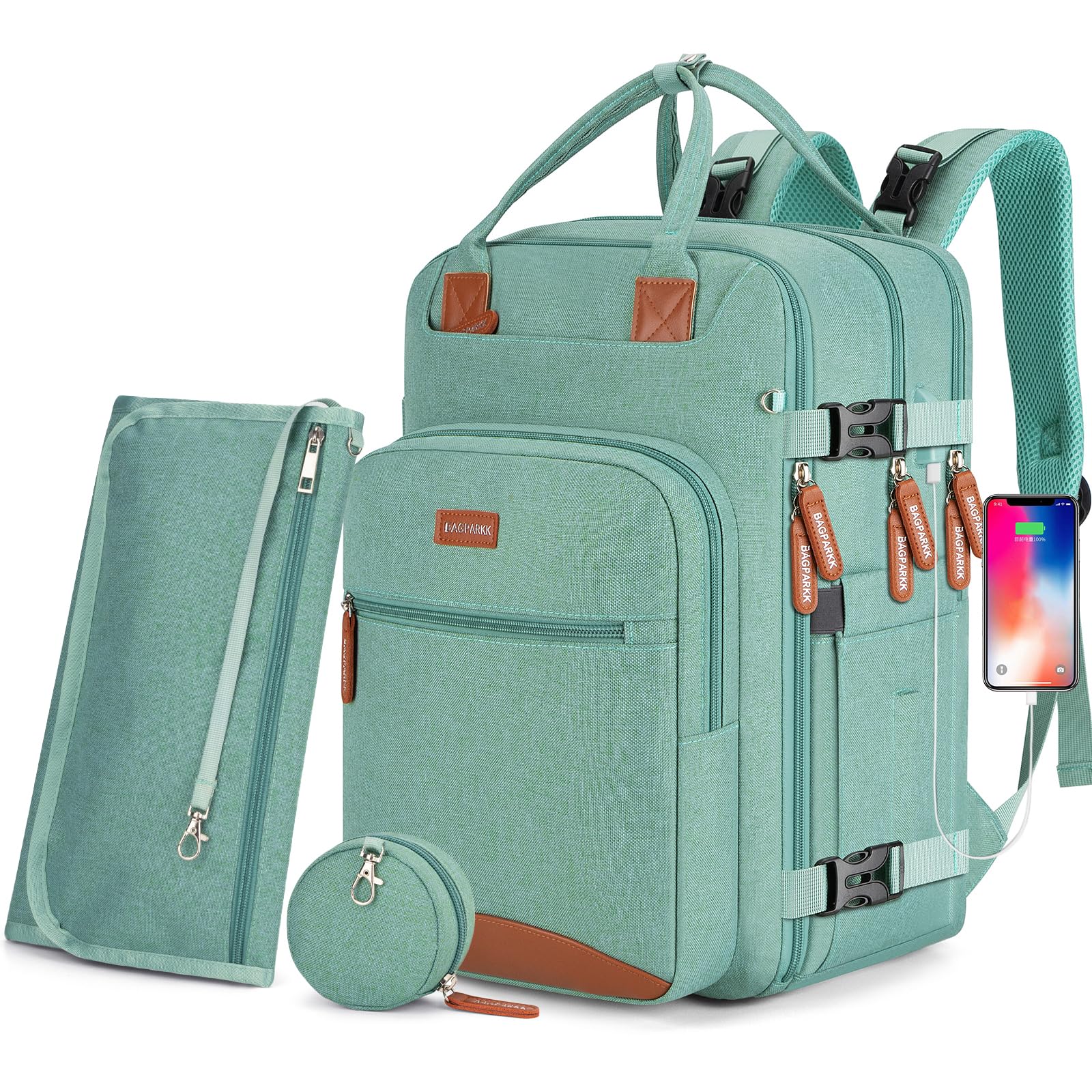 BAGPARKK diaper bag backpack green front view highlights organized compartments for busy parents.