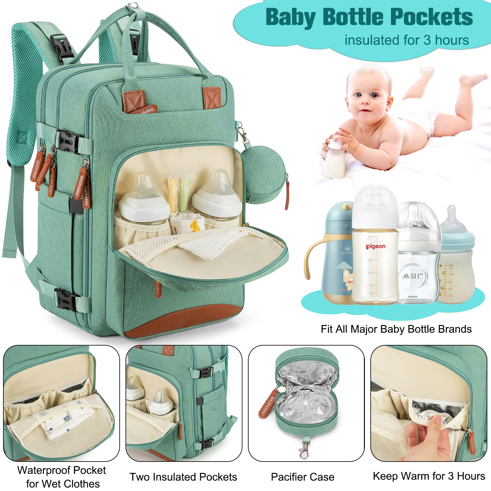 BAGPARKK diaper bag green interior view emphasizes main storage and insulated pockets for bottles.