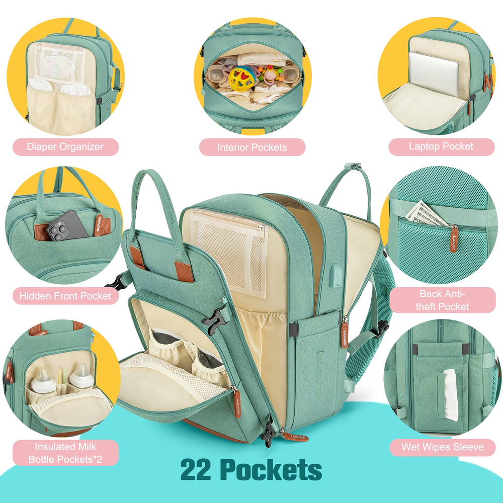 BAGPARKK diaper bag green pacifier case view highlights mess free pacifier organization.
