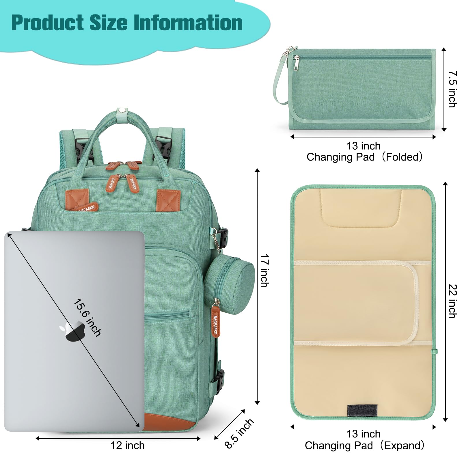 BAGPARKK diaper bag green stroller strap image conveys hands free routes.