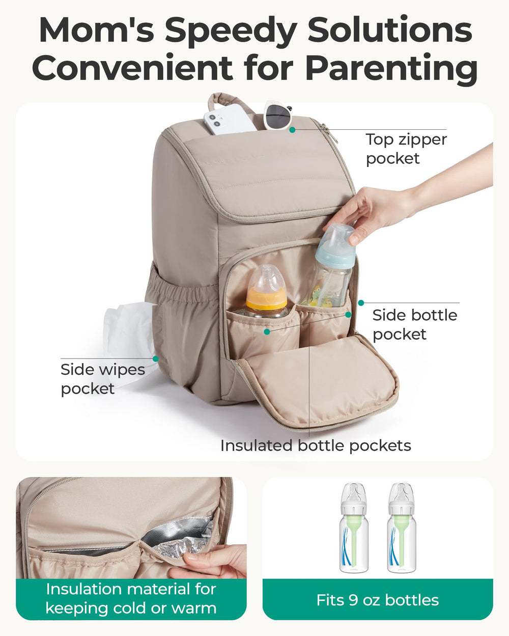 BAGSMART Diaper Backpack insulated pocket keeps bottles at the right temperature.