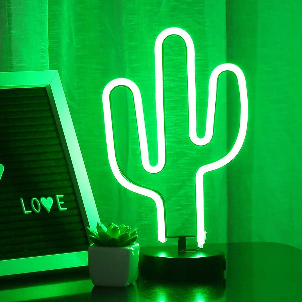 Bailey green cactus neon light on desk setup for cozy workspace lighting