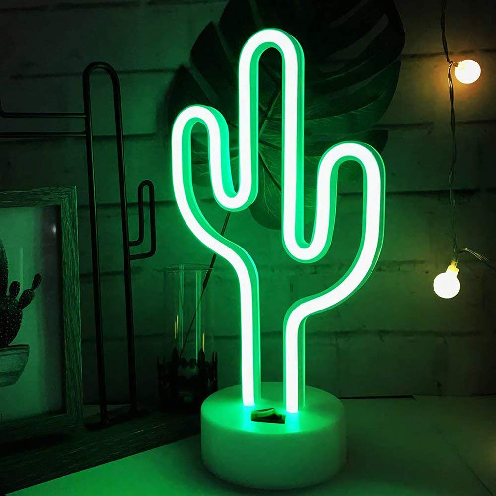 Bailey green cactus neon light on pedestal enhances table decor with soft green glow
