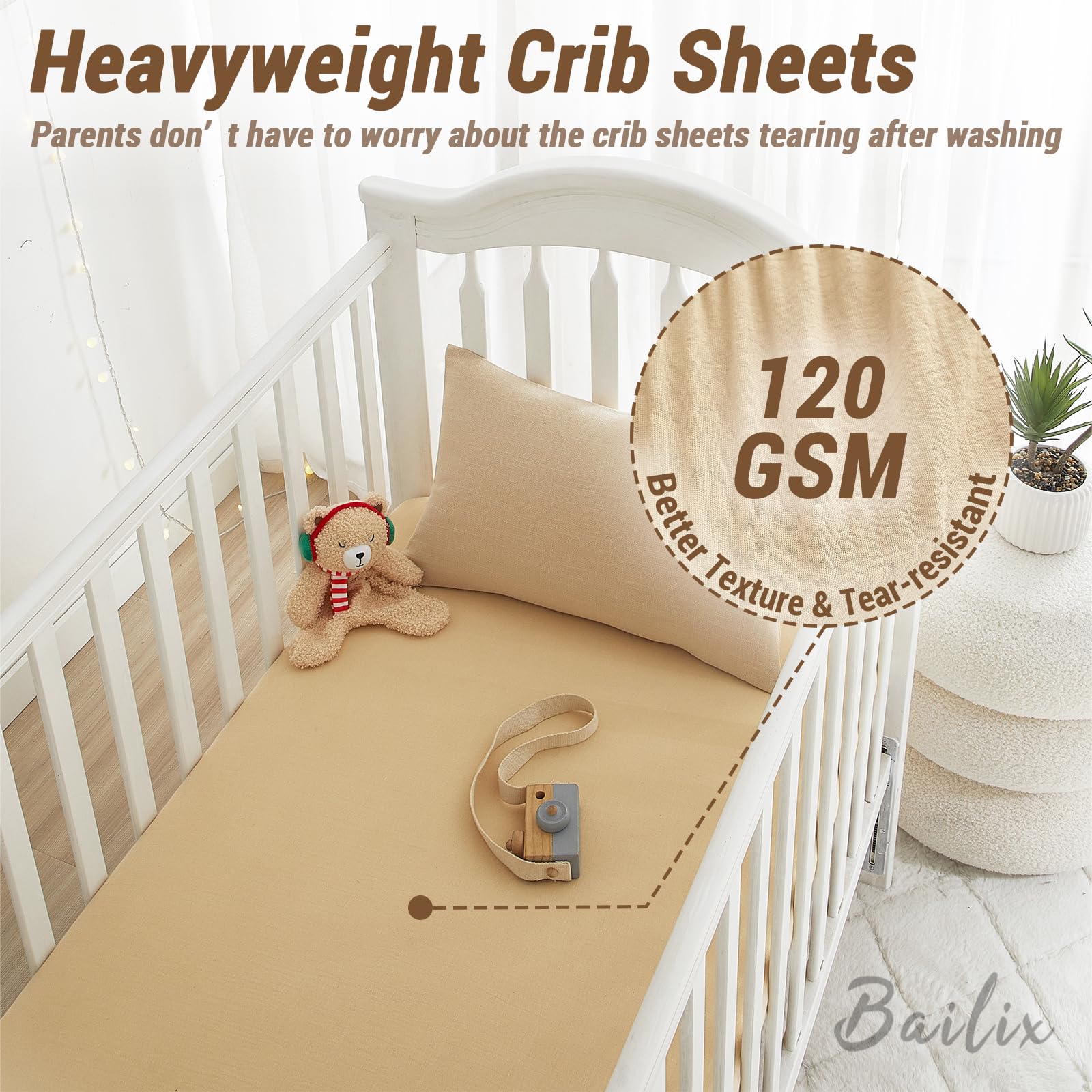 Bailix 2pc crib sheets neutral cream coffee pack shows versatile bedding set.