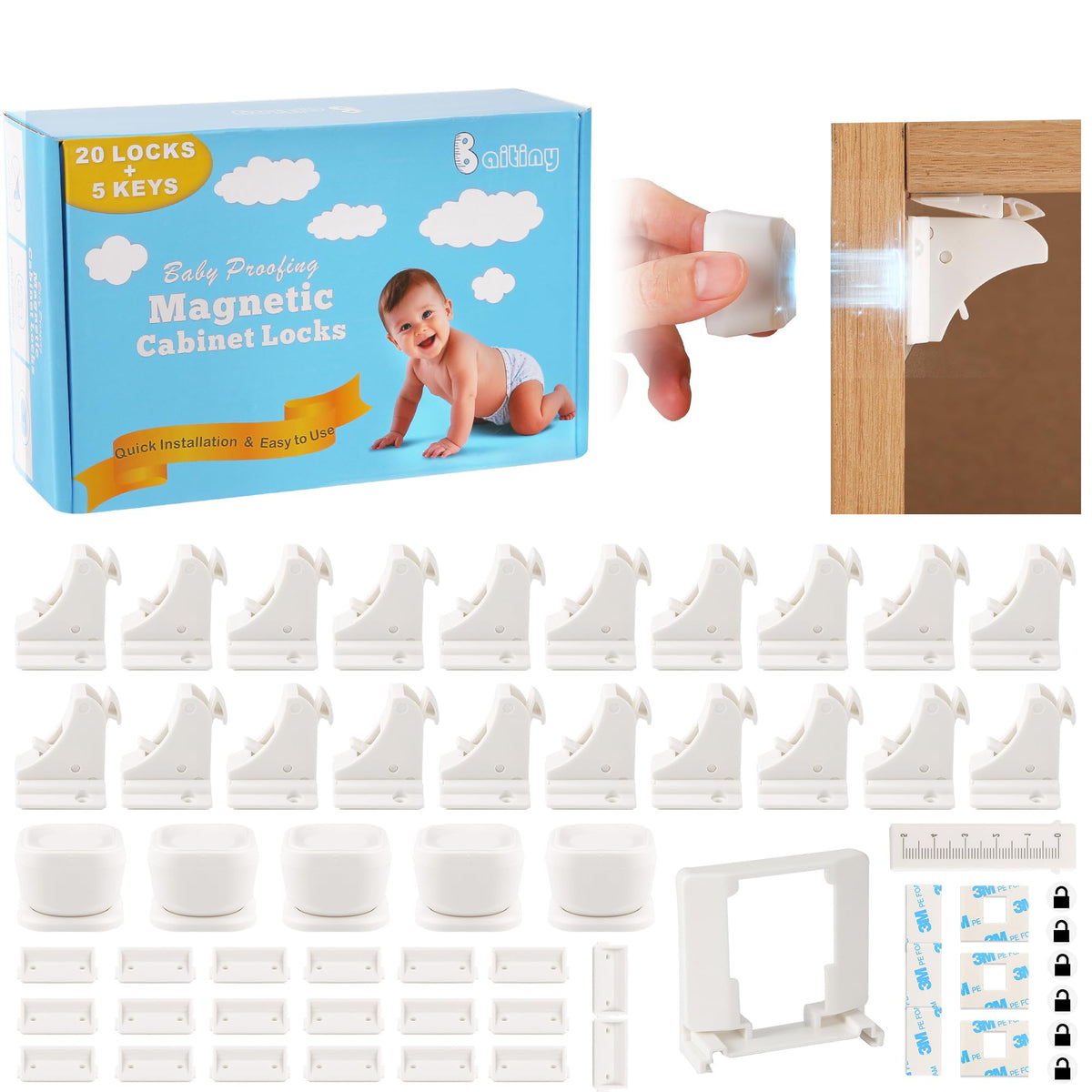 Baitiny 20-pack magnetic cabinet locks package for child-proofing.