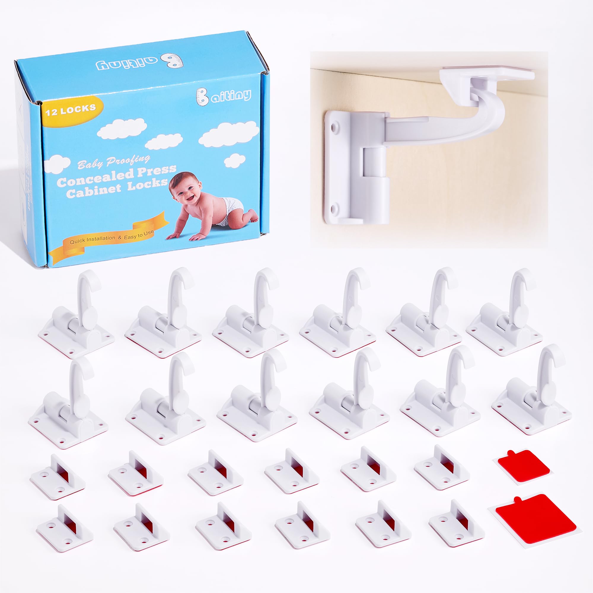 Baitiny invisible cabinet latch closeup shows durable adhesive for tool-free mounting.