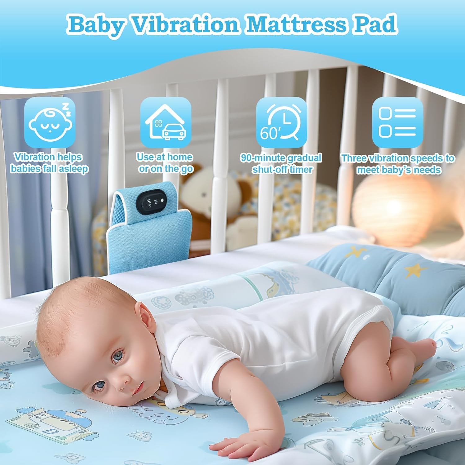 Bakeling Baby Vibrating Soother 90-minute timer helps gradual quieting.