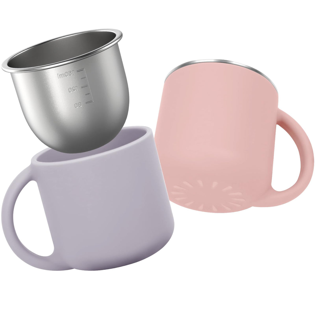 Bakpoco 2-in-1 open toddler cups blush and lilac on display for easy-grip training.