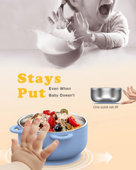 Bakpoco 2-in-1 suction bowl lid tray Sunrise Meadow in-use display simplifies feeding and reduces clutter.