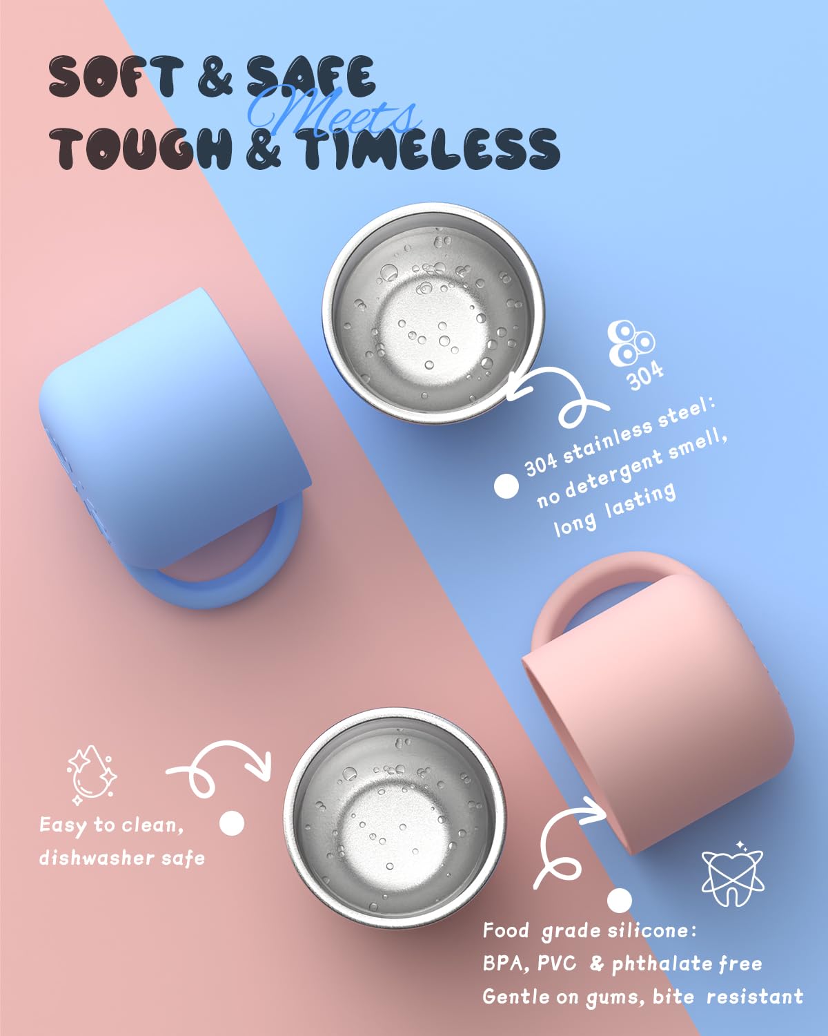 Bakpoco 2-in-1 open toddler cups silicone shell close-up emphasizes gentle grip for tiny hands.