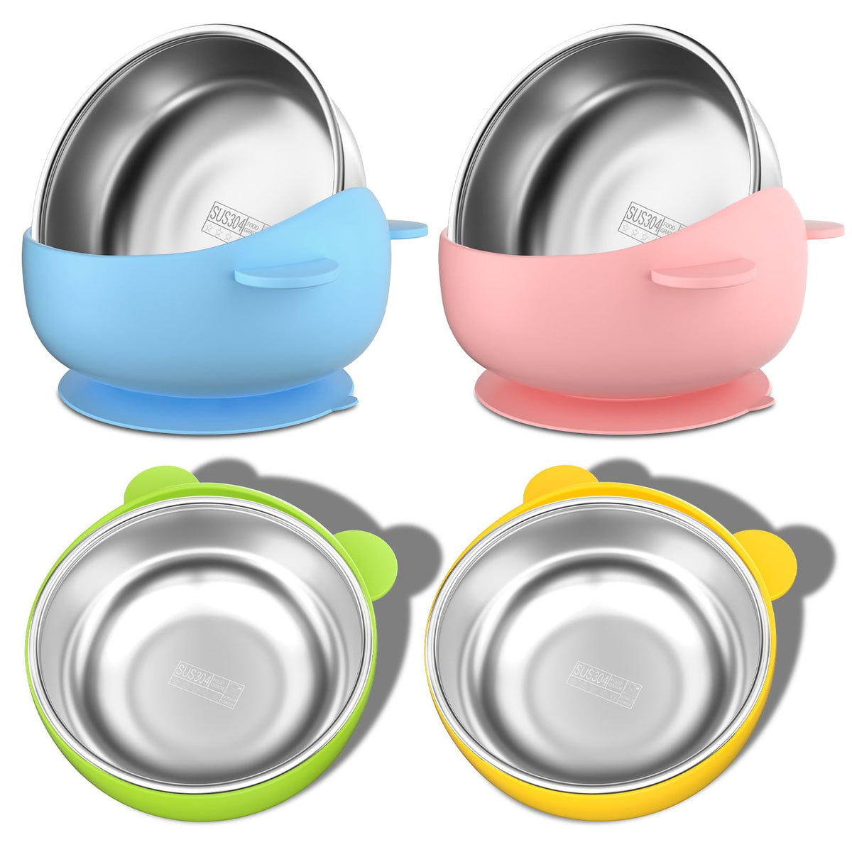 Bakpoco stainless steel baby bowl with suction on tray reduces spills.