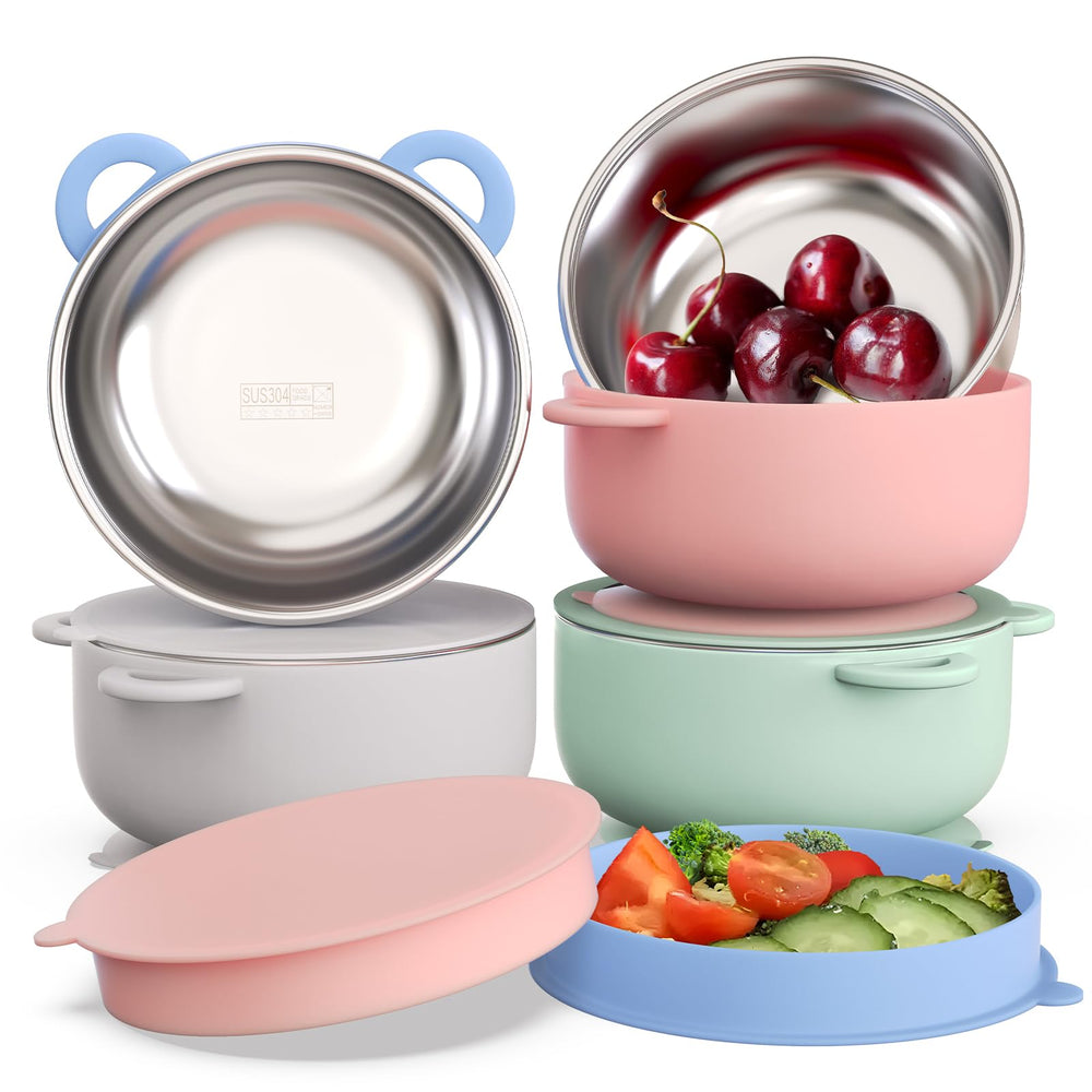 Bakpoco baby suction bowls with lids Sunrise Meadow front view for mess-free self-feeding.