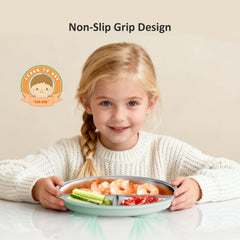 Bakpoco divided toddler plate showing three sections for balanced portions.