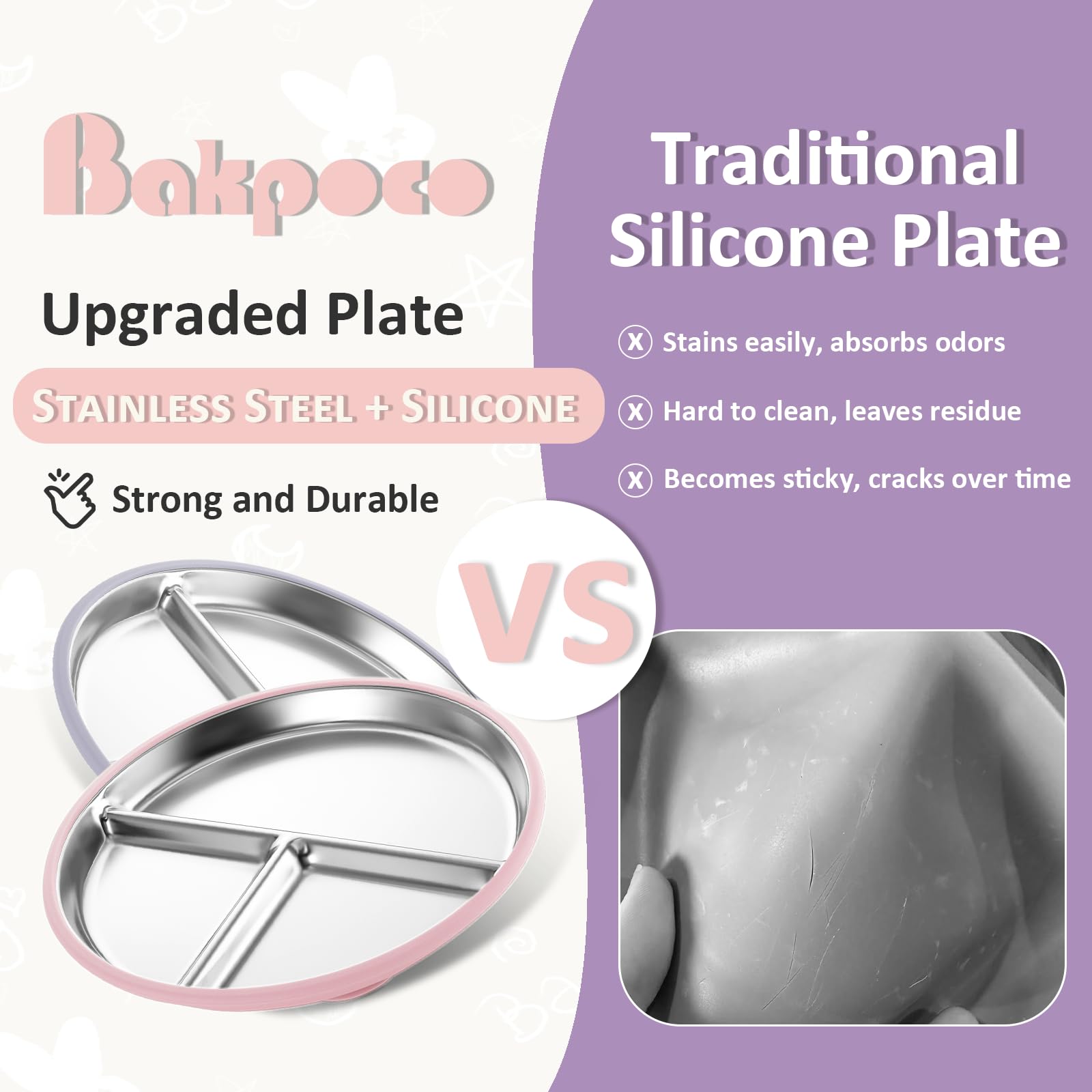 Bakpoco divided-compartment plate shows three sections for portion control.